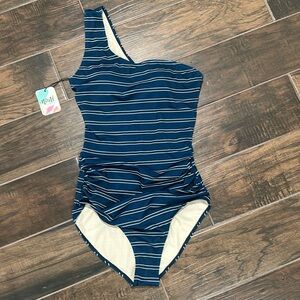 Very cute brand new striped one-shoulder navy/white one piece
